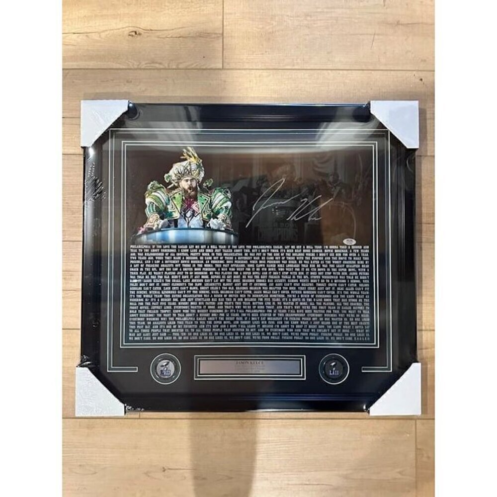 Jason Kelce signed autographed SBLII Parade Speech 16x20 Photo Framed PSA